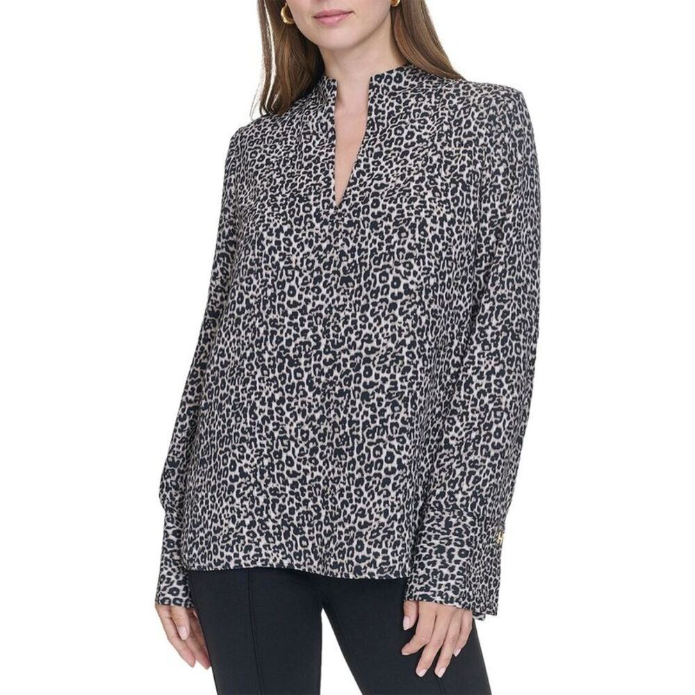 Halston Womens Printed V-Neck Top, Brown